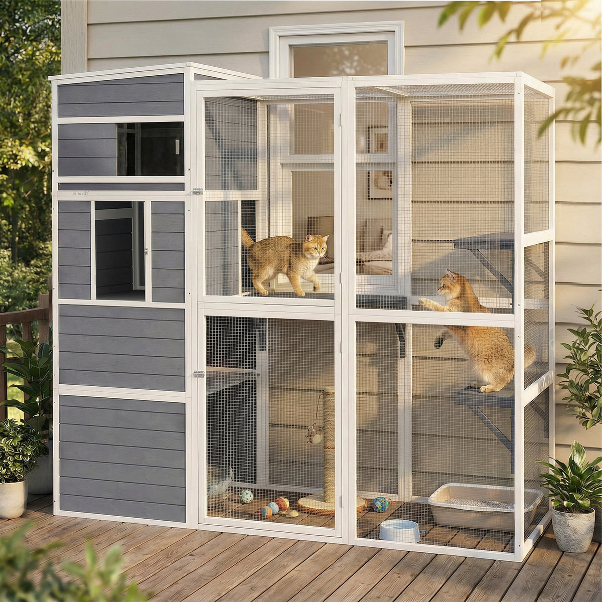 Outdoor cat enclosure, wooden cat house with 3 platforms, weatherproof roof, resting area for 3-4 cats up to 10 (2)