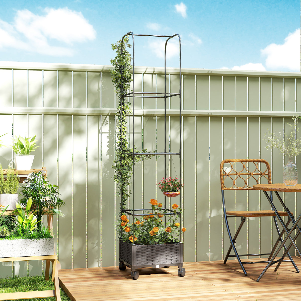 Outsunny Hochbeet mit Rankgitter mobiler Blumenkasten mit Rolle Abflussloch, Pflanzkasten 40 x 40 x 185 – Produktabbildung 2