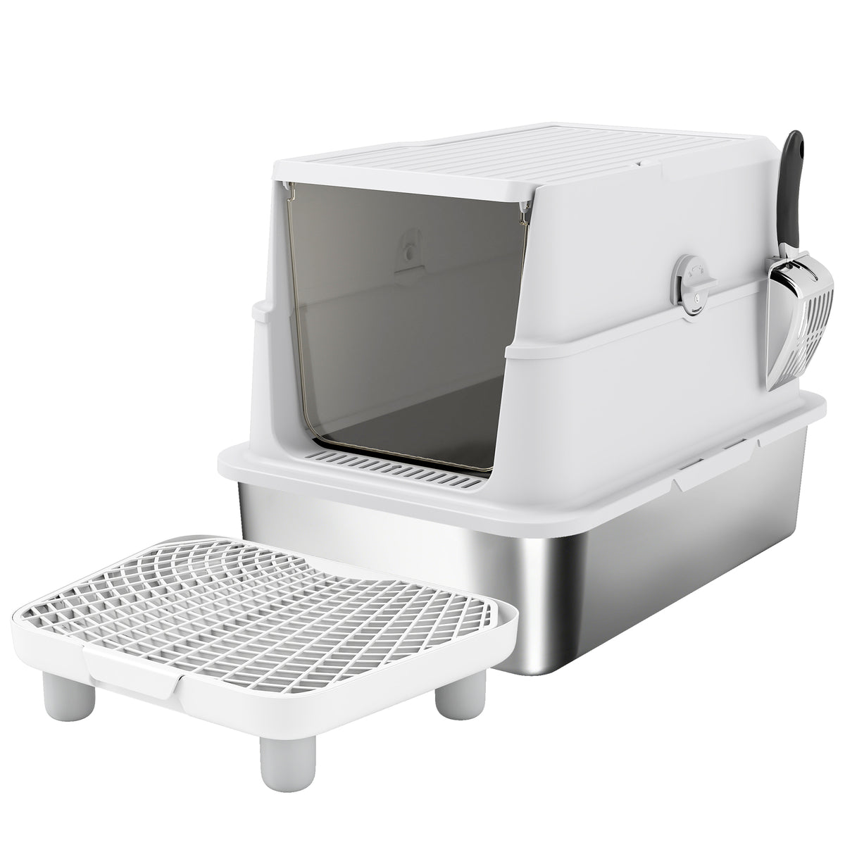 Cat litter box, stainless steel, XL interior, with scoop, light gray