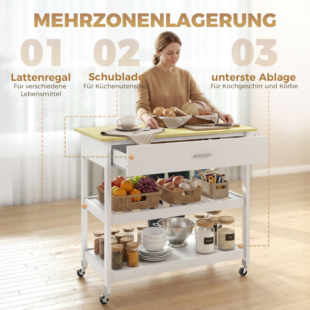 HOMCOM Küchenwagen mit Stauraum, Rollende Kücheninsel mit großer Arbeitsplatte, Schublade, 2 offenen – Produktabbildung 5