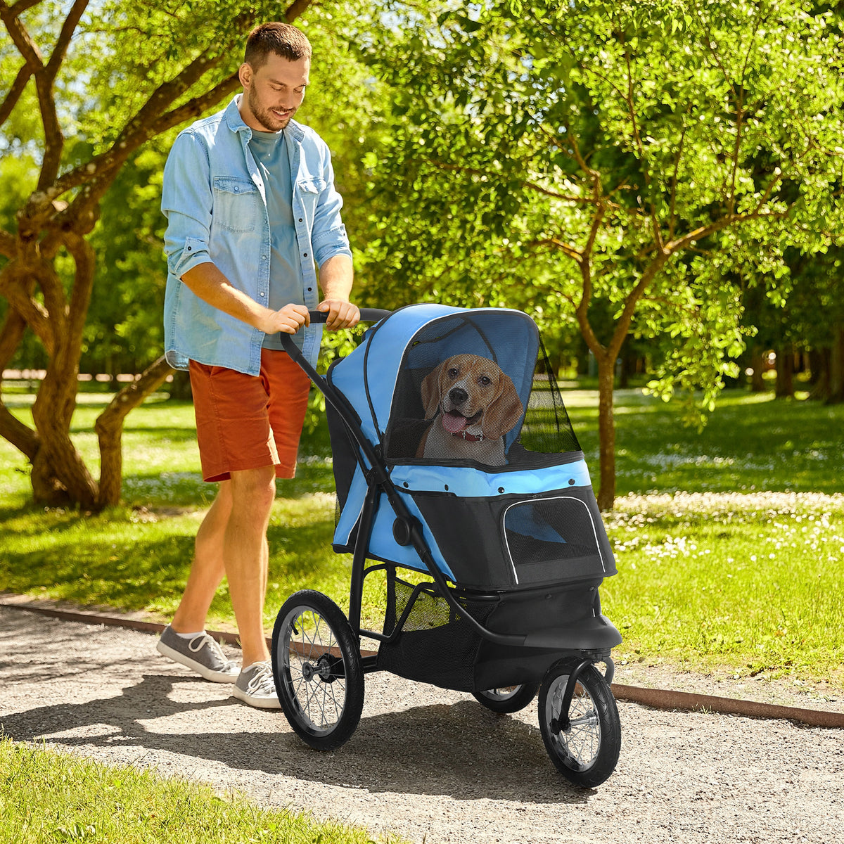 PawHut Hundewagen Hundetrolley mit Jogger-Funktion bis 20 kg Klappbar Netzfenster, Ablagekorb, Blau, 111 – Produktabbildung 2
