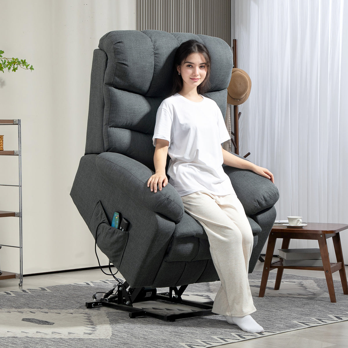 Lift chair, electric recliner with massage function, upholstered chair with lift assistance, metal, fabric, gray (2)