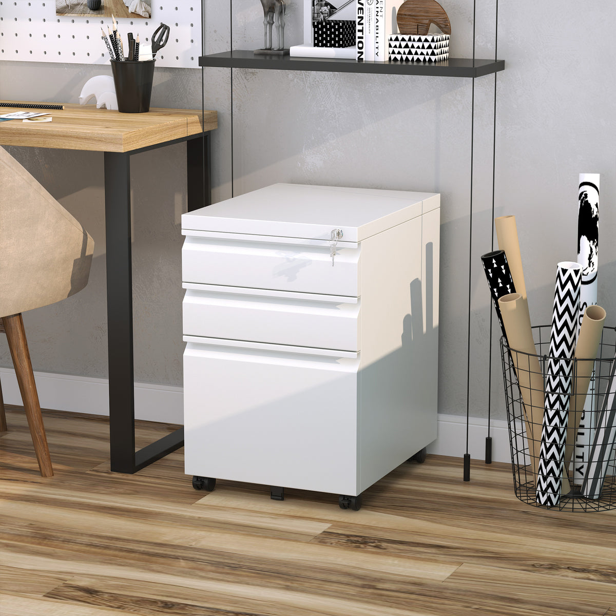 3-drawer mobile pedestal, lockable filing cabinet with wheels, office cabinet with concave handle, drawer unit (2)