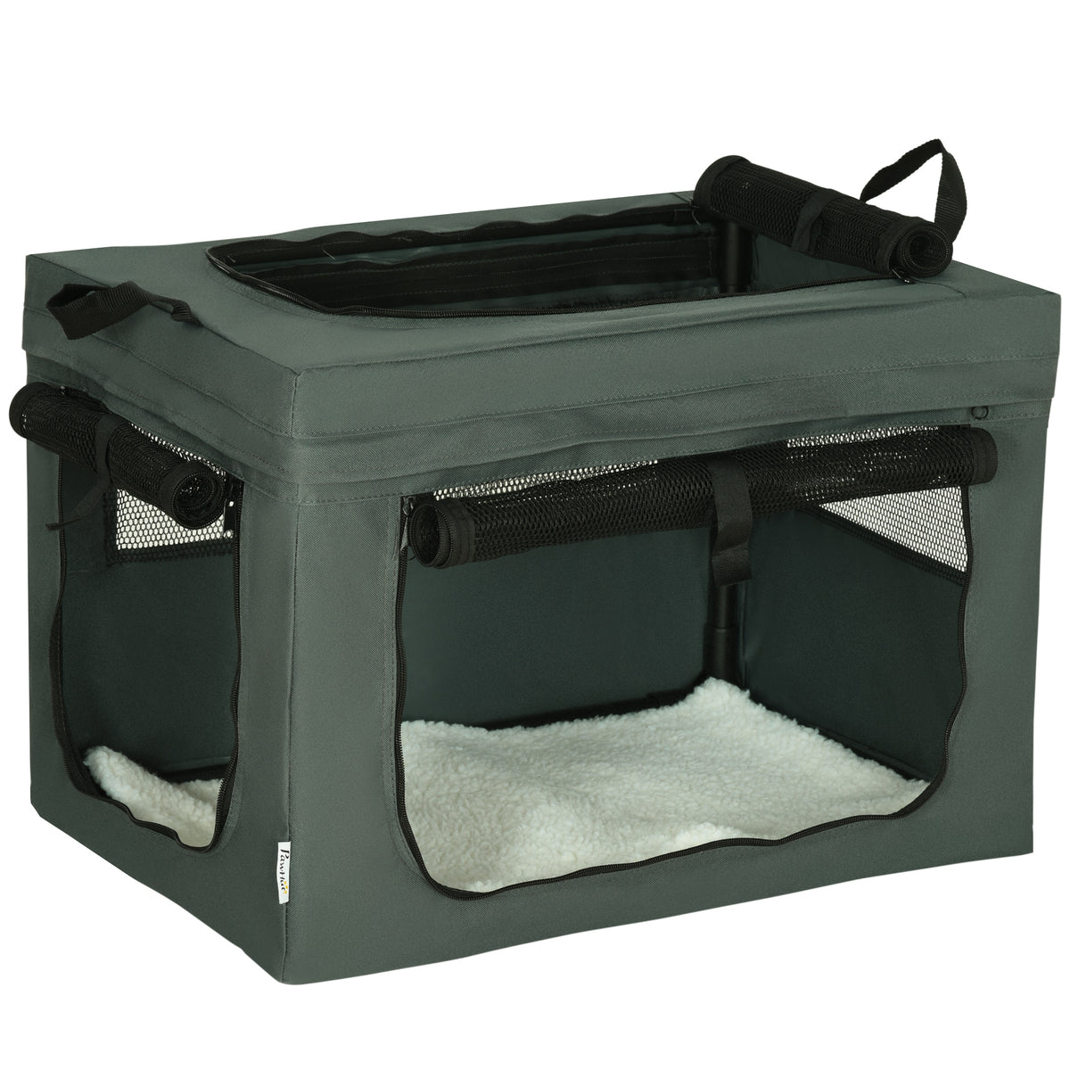 Transport crate, foldable, 3 entrances, inner cushion, for dogs and cats up to 4 kg/40 cm, grey