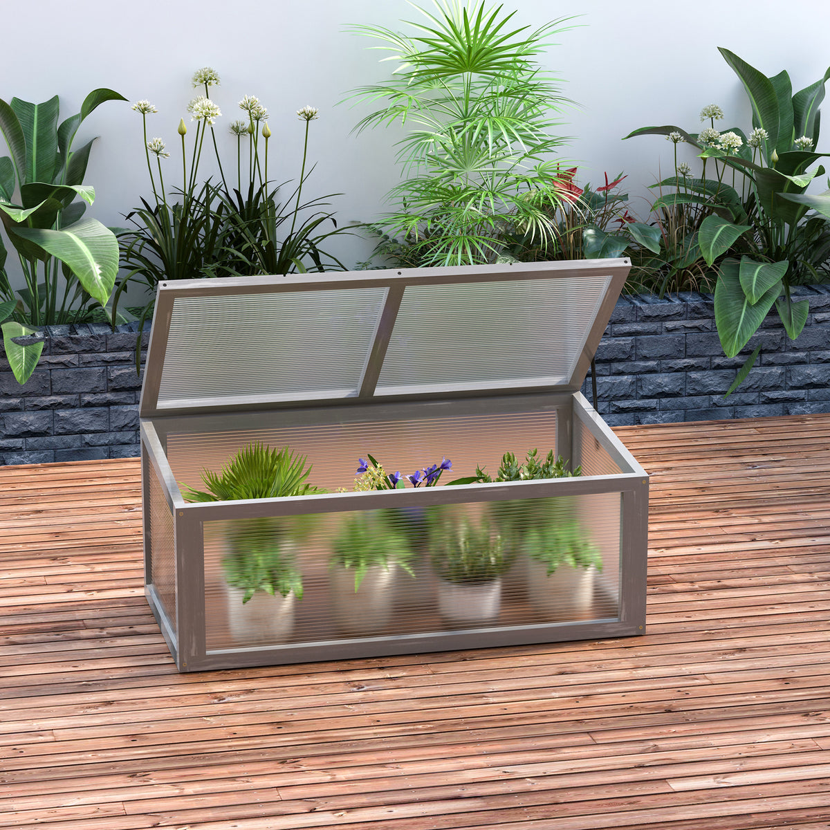 Cold frame wood and polycarbonate greenhouse 90 x 46 x 40 cm greenhouse with cover weatherproof cold frame box (2)