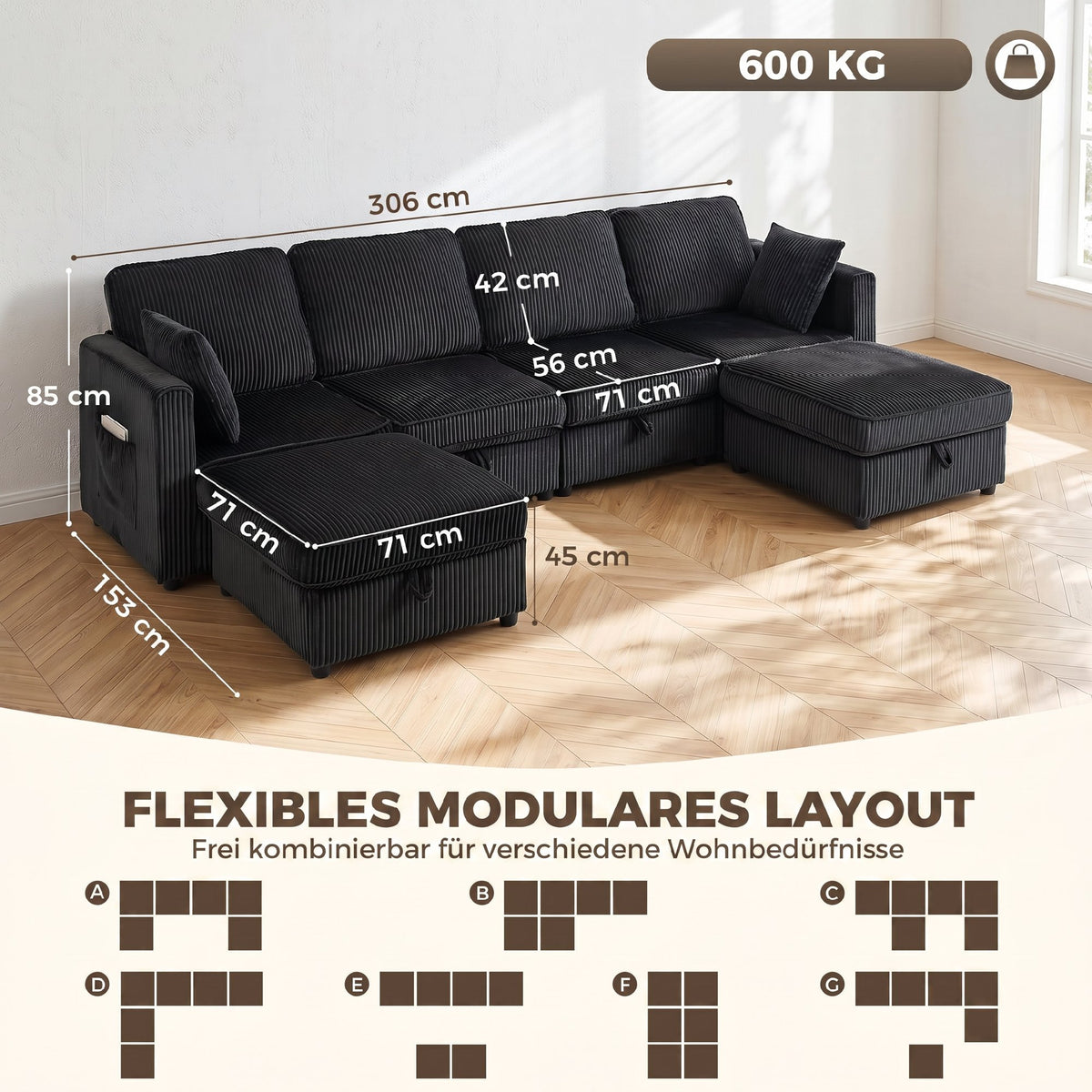 HOMCOM Ecksofa 4-Sitzer U-Form Sofa mit Stauraum-Ottomane, 306 cm Eckcouch mit Cord-Optik, 4 Kissen, für – Produktabbildung 3