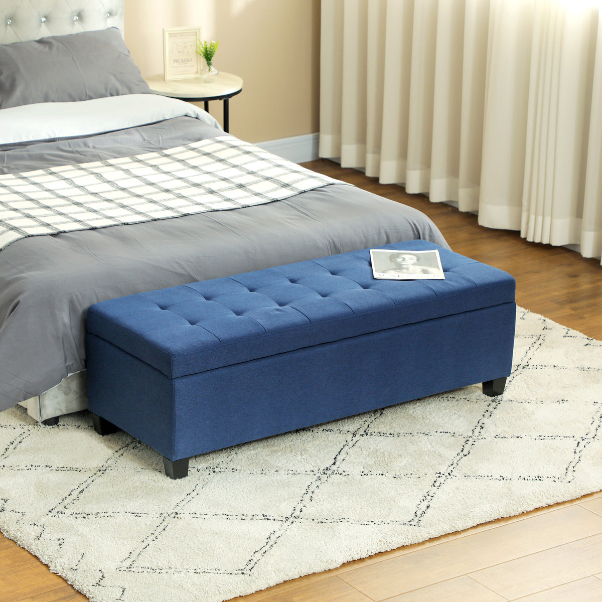 Storage bench, ottoman, hallway bench, button tufted, 125.1 cm x 48.9 cm x 41.3 cm, blue (2)
