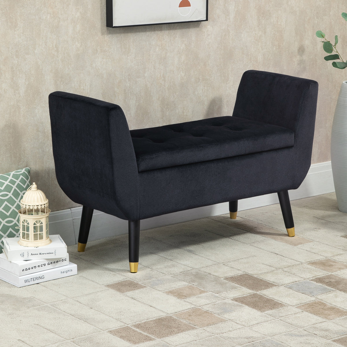 Storage bench with armrests, velvet-look upholstered bench, storage chest with wooden legs, trunk bench for (2)