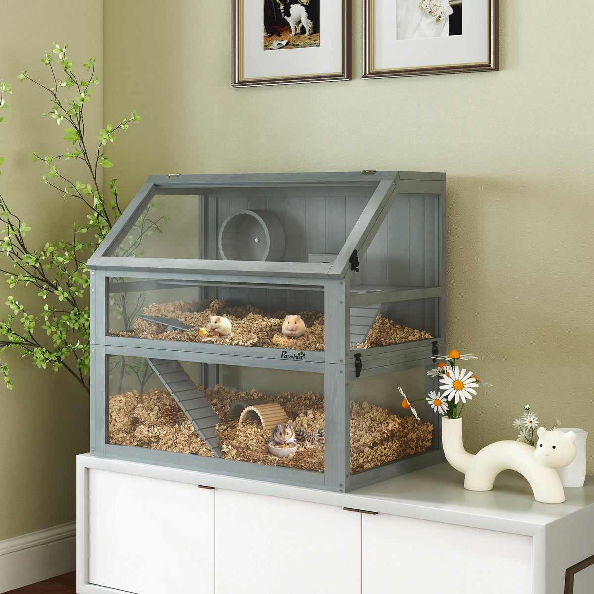 Hamster cage wood, 3 levels with deep base, removable tiers, for small animals, 80x50x76cm, light grey (2)