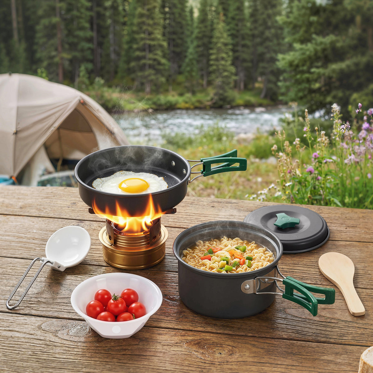 Camping Cookware Set 8-Piece Outdoor Mess Kit with Anti-Scald Handles Fast Heating Pot Pan Grey (2)
