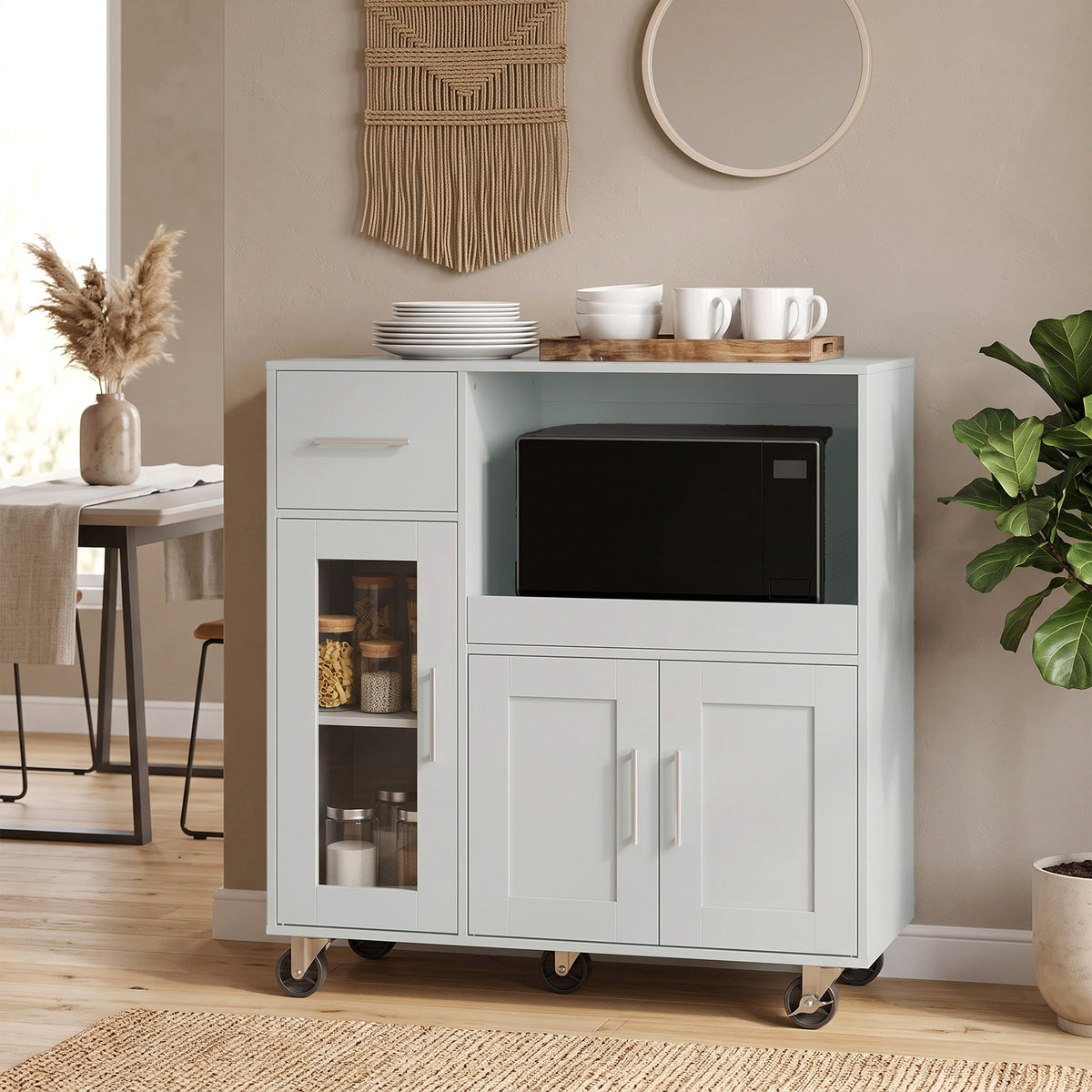 HOMCOM Küchenschrank auf Rädern, Mobile Küchenkommode mit Ablagen, Schubladen, verstellbarem Regal – Produktabbildung 8