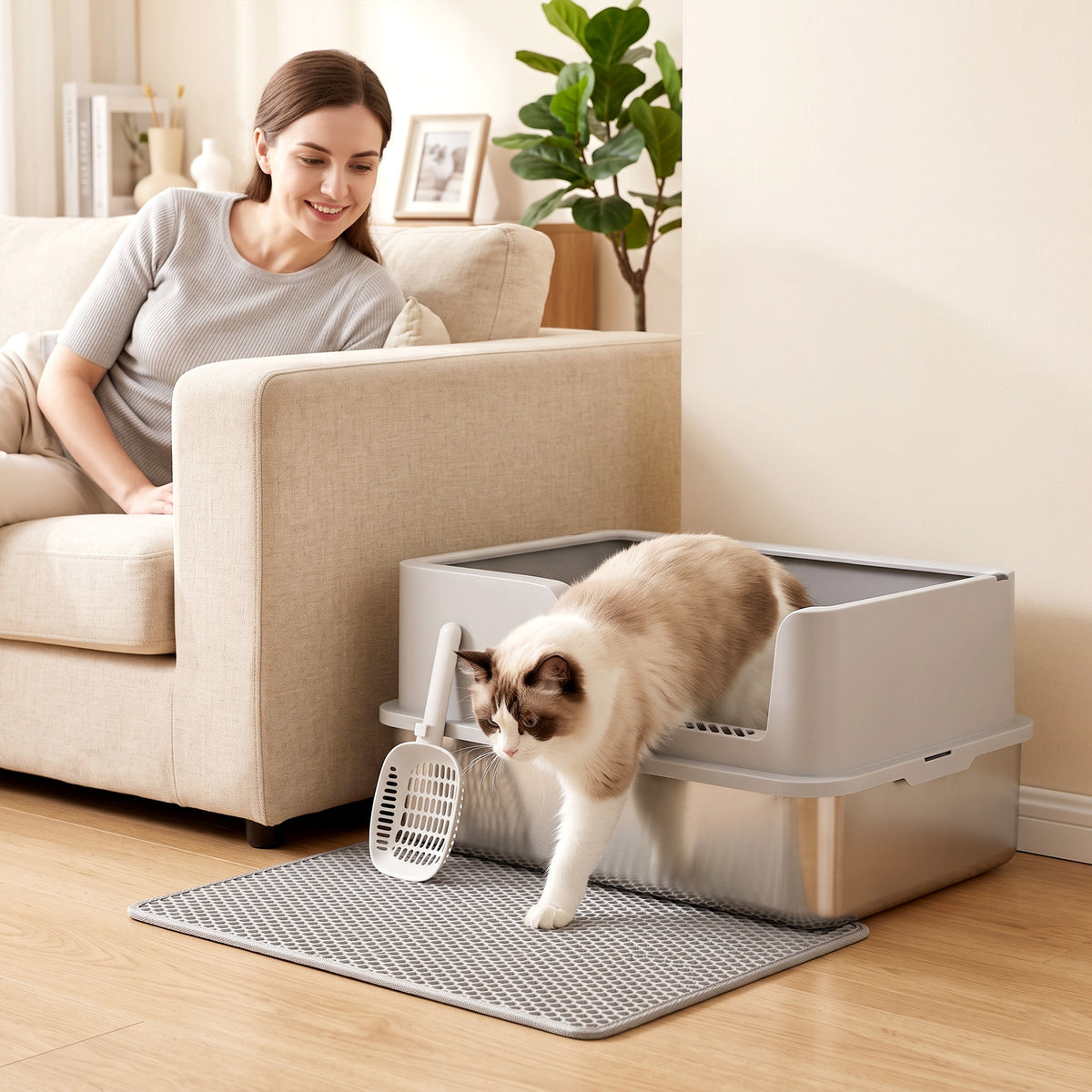 XL Stainless Steel Litter Box with Lid, High Side Walls, Scoop, Brush, Mat for Kittens up to 8 kg Light Gray (2)