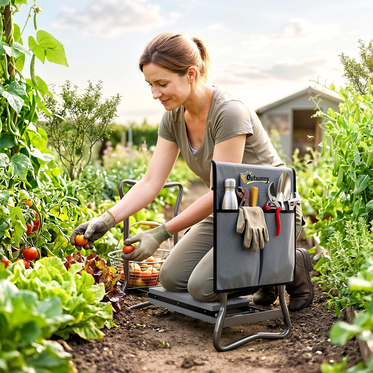 Outsunny Kniebank für Gartenarbeit klappbar Gartenhocker mit Kniekissen Werkzeugtaschen bis 150 kg 58 x – Produktabbildung 2