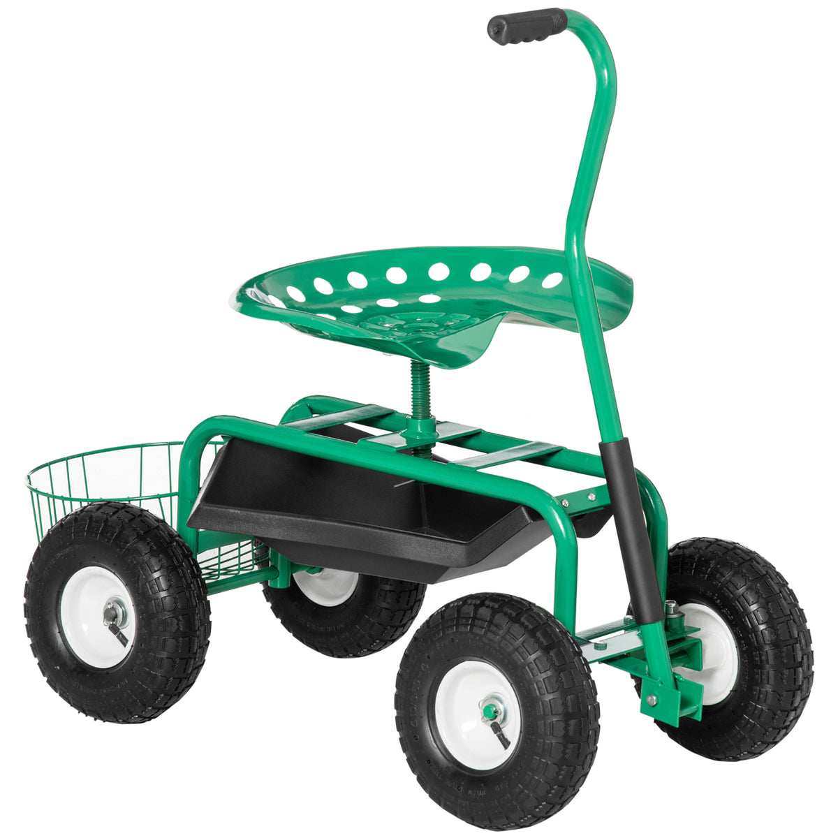 Garden cart with rolling seat up to 150 kg with storage basket for small garden tools, mobile workshop cart