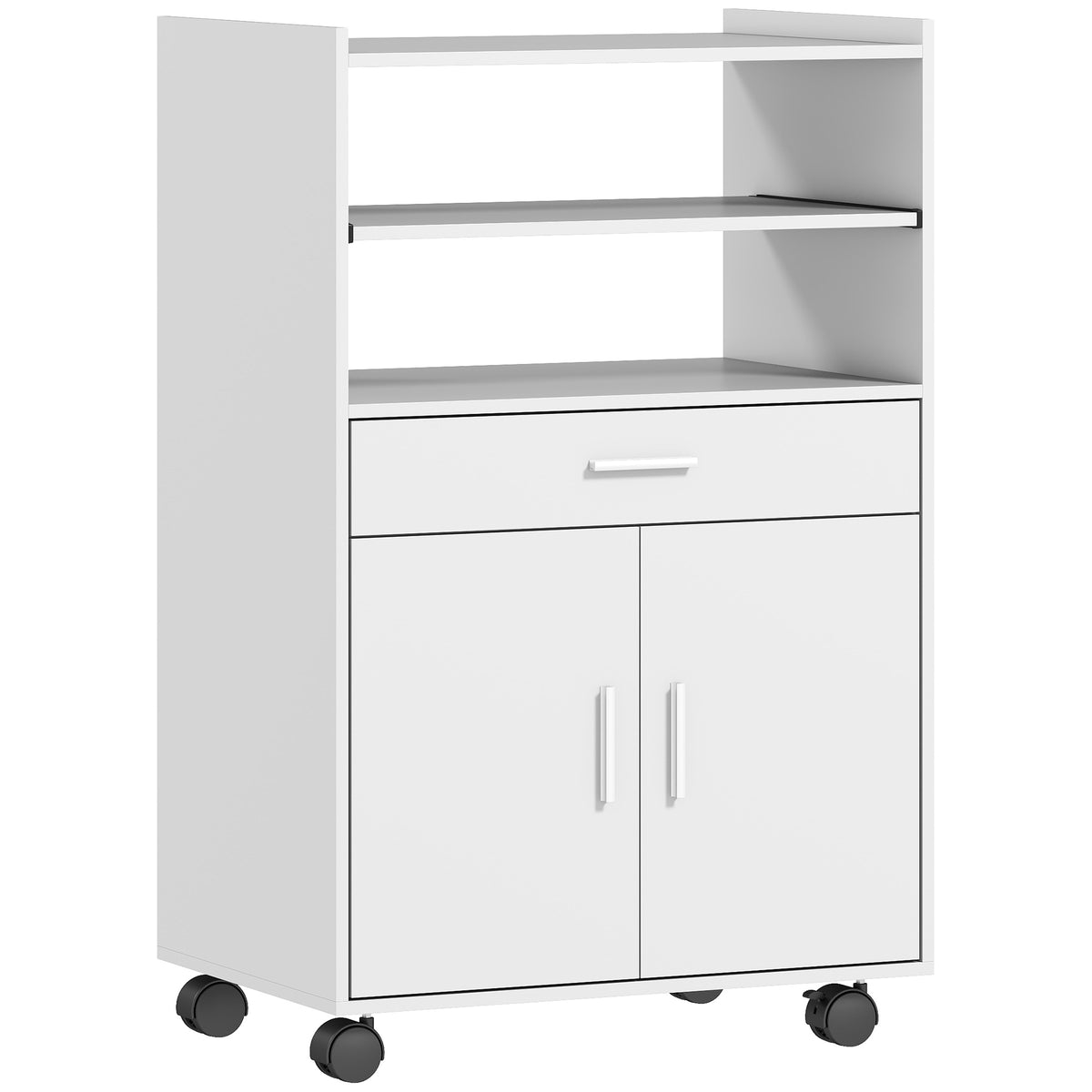 HOMCOM Mikrowellenschrank, Regal, Doppeltürschrank, Schublade, Rollen, Weiß