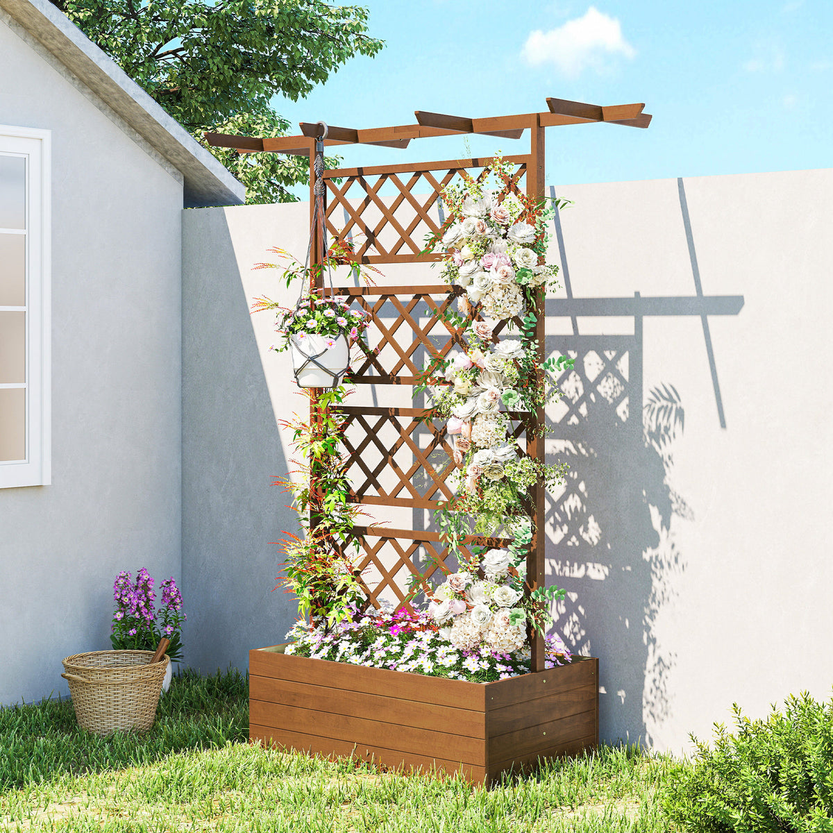 Outsunny Pflanzkasten mit Rankengitter, Eckige Pflanzenbox aus Holz mit Rückenspalier für – Produktabbildung 2