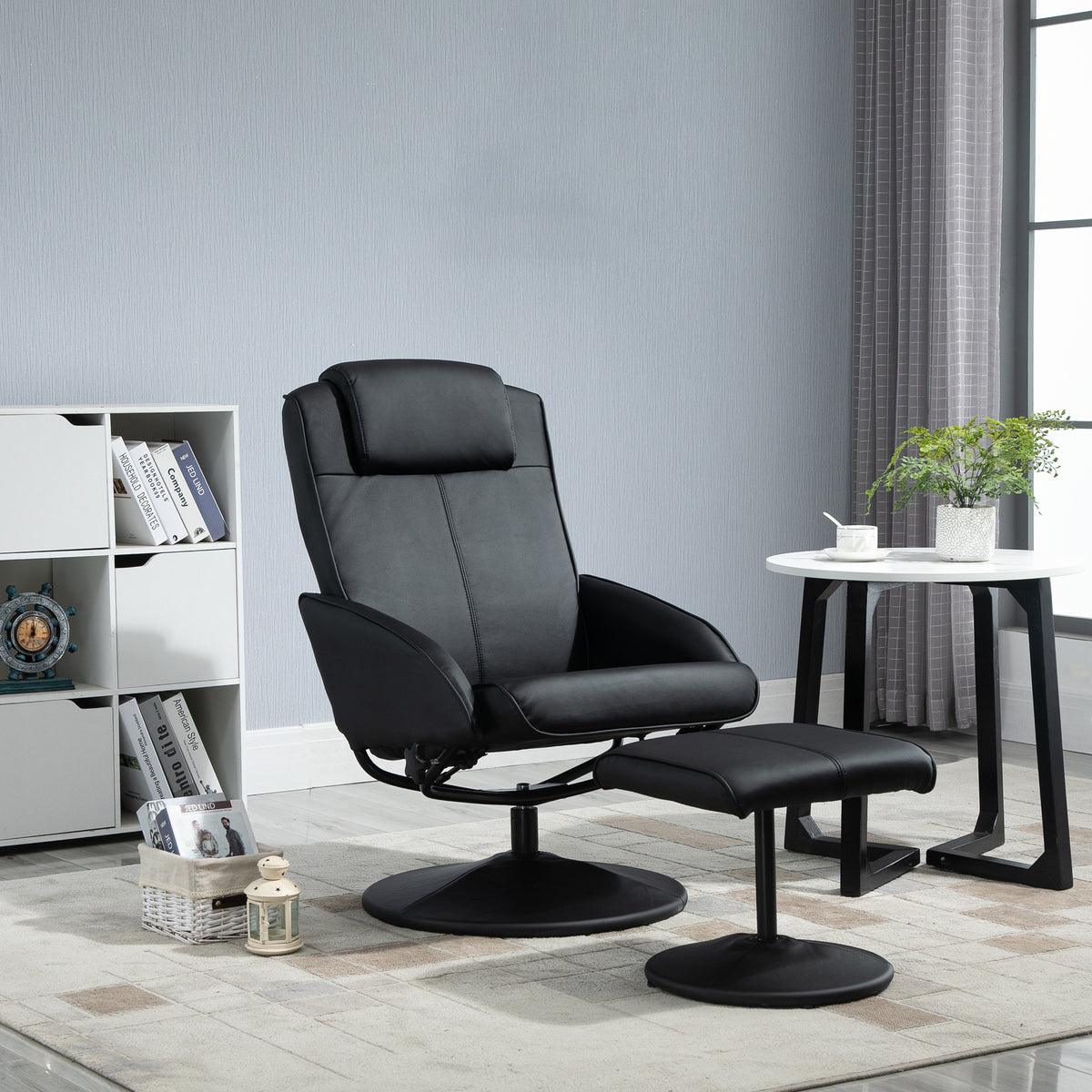 Recliner chair with footstool, faux leather upholstery, tiltable, ergonomic design, black (2)