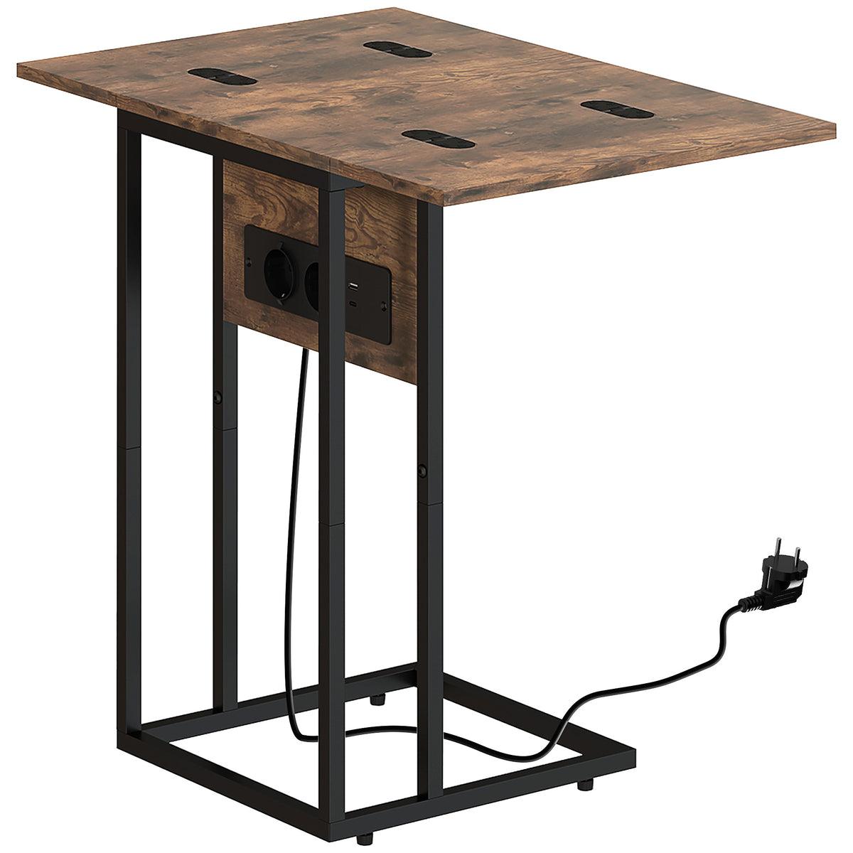 Folding side table, charging station with USB ports, metal, 39 x 29 x 57 cm, brown