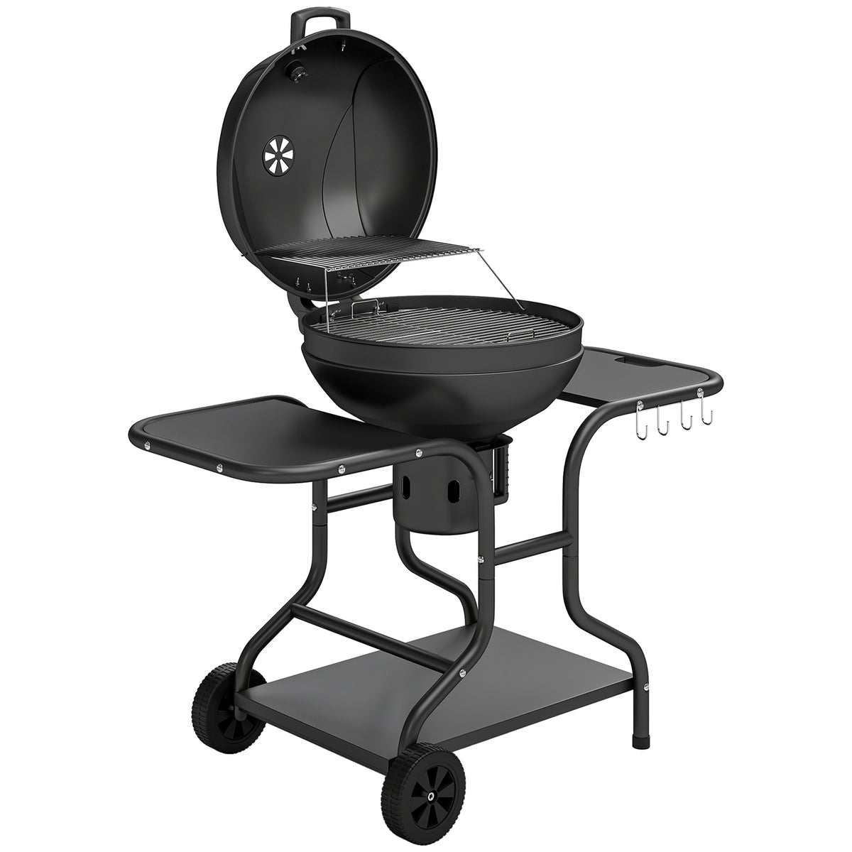 Outsunny Holzkohlegrill BBQ Smoker mit Seitentischen Deckel Thermometer Räder 129 x 63,5 x 106,5 cm