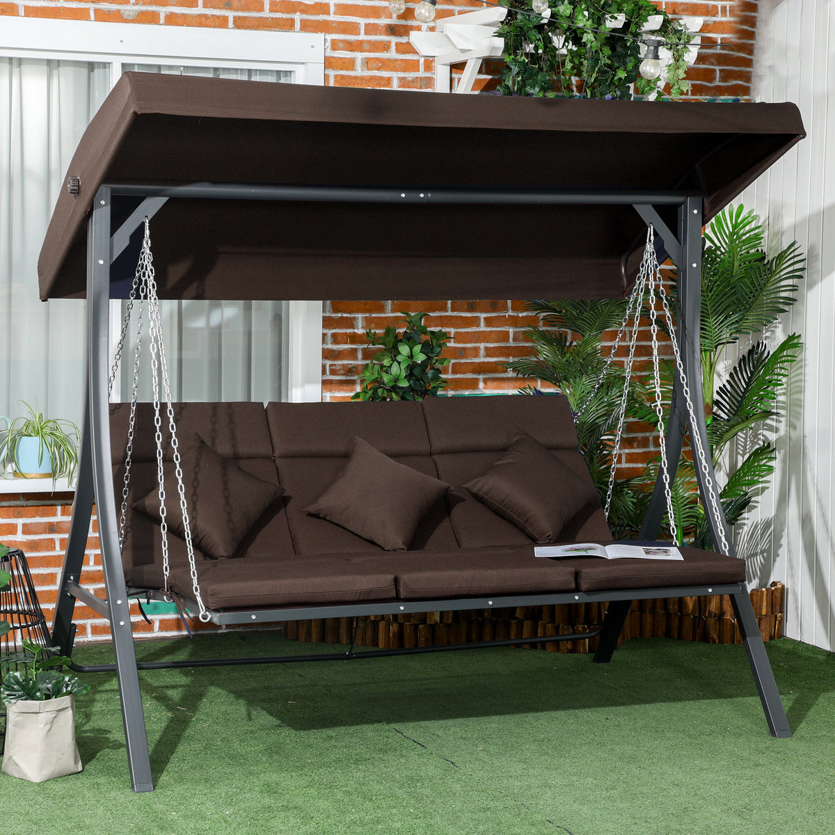 3-seater porch swing, garden swing, adjustable canopy, 198 x 118 x 168 cm, brown+black (2)
