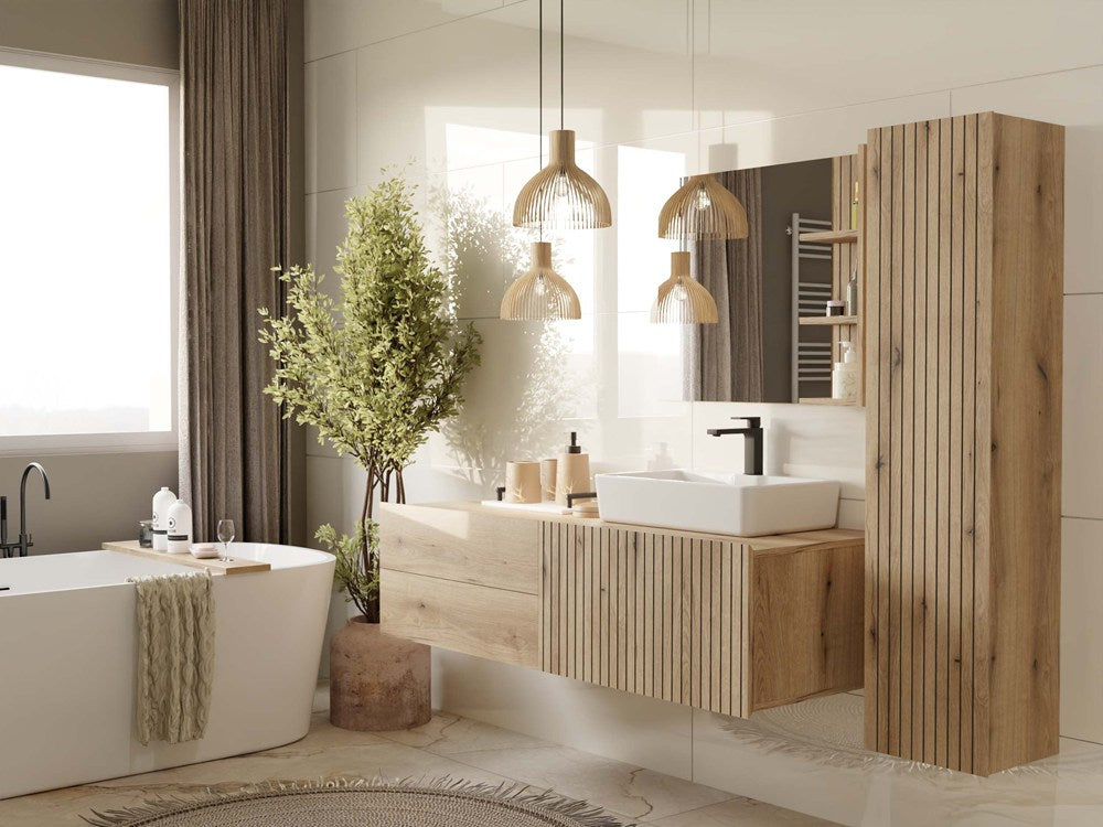 HÄNGENDER BADEZIMMER-HOCHSCHRANK REGAL TIGO 1D EICHE EVOKE GERILLTE FRONT – Produktabbildung 2