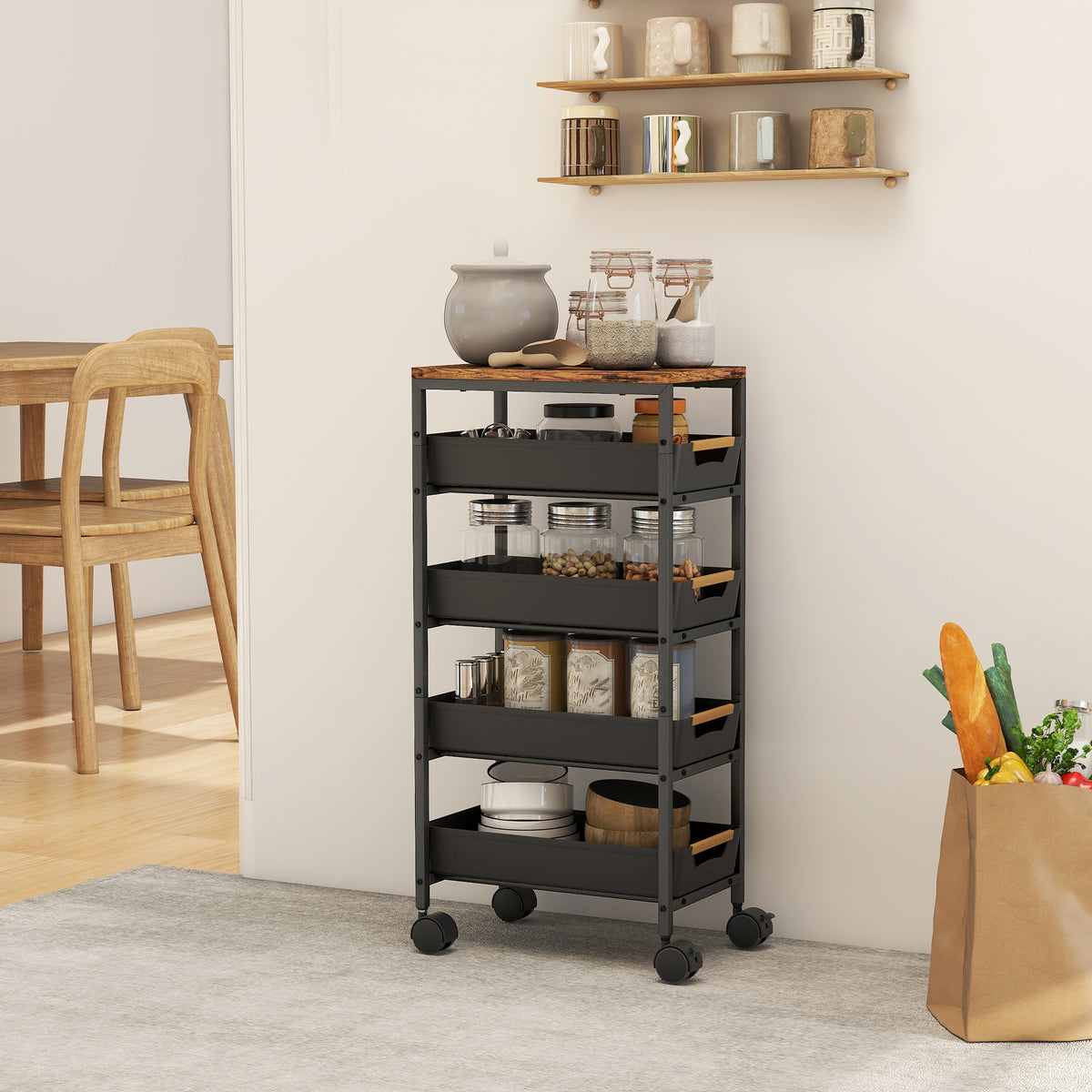 HOMCOM 5-stufiger Küchenwagen, Holzoptik, rollbar, Metallrahmen, 4 Schubladen, Schwarz – Produktabbildung 8
