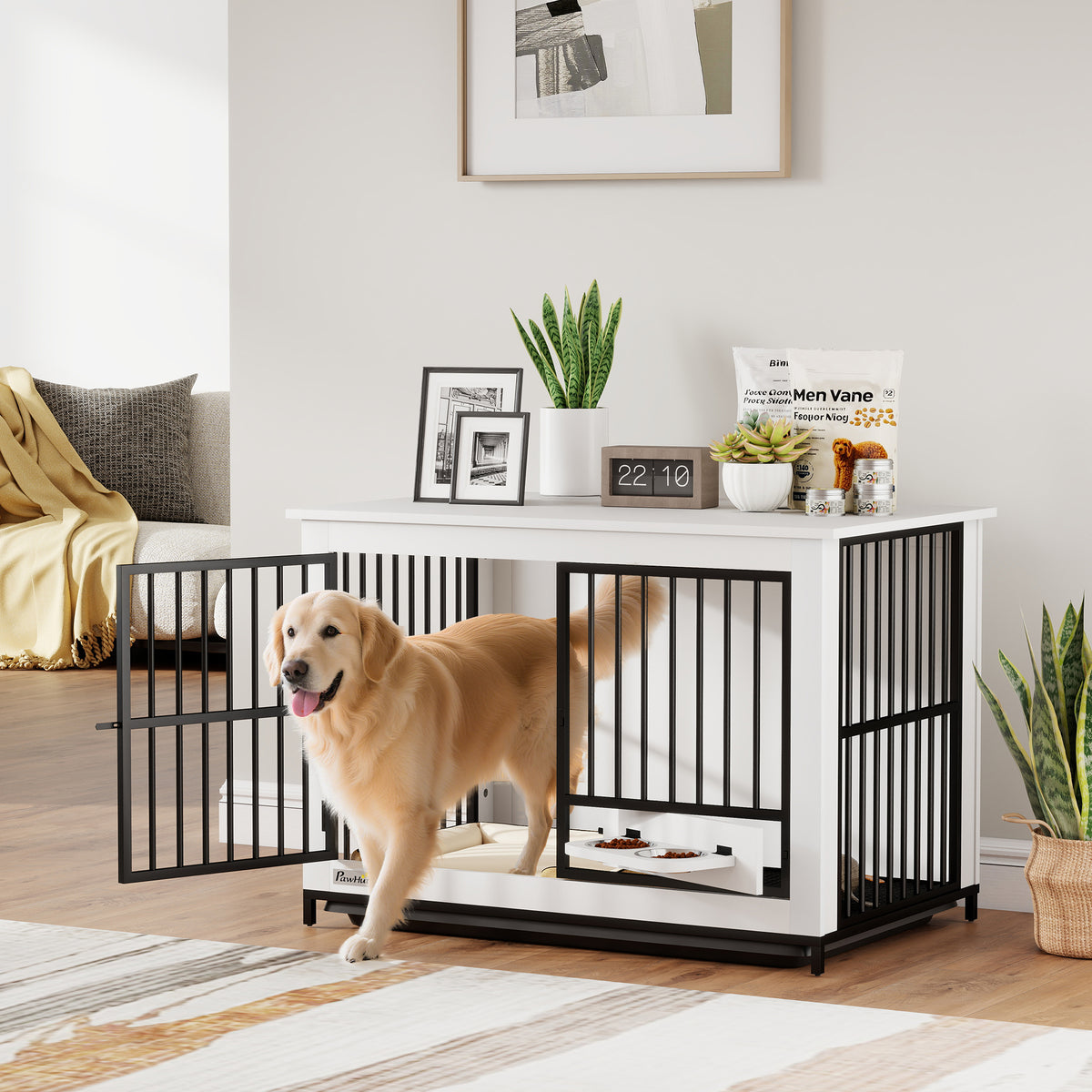 PawHut Große Hundebox, einfacher Zugang, verschließbar, drehbarer Schüsselhalter, für kleine und große – Produktabbildung 2