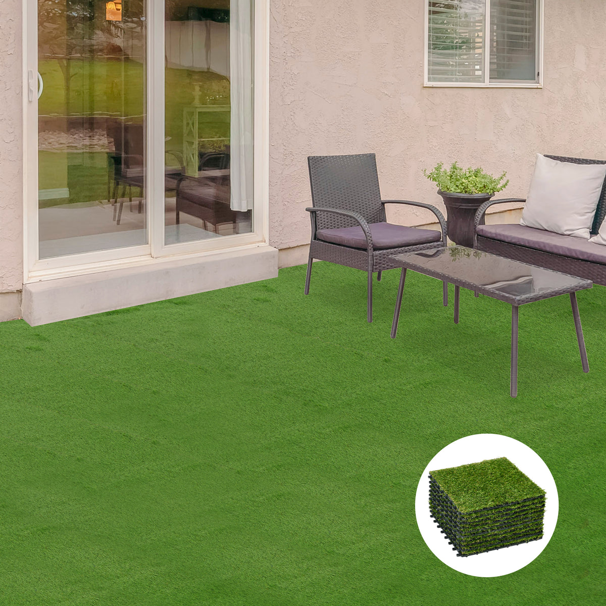 Artificial grass, lifelike, drainage function, 6.5k fibers/m², 25mm height, set of 10 at 30x30cm each, green (2)