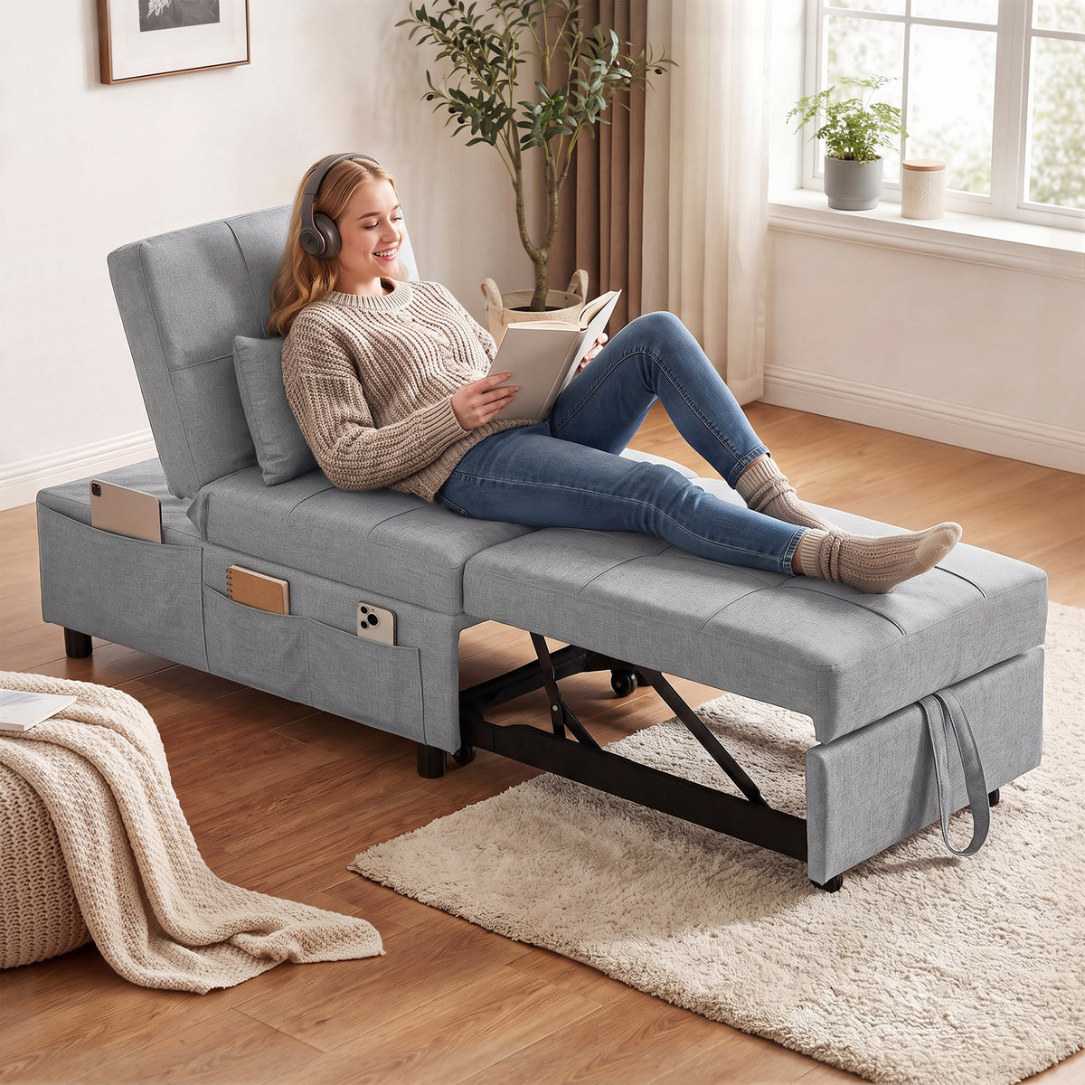 HOMCOM 4-in-1 Klappsessel mit Seitentasche, Gästebett mit Kissen, Verstellbarer Rückenlehne, Bettsessel – Produktabbildung 2