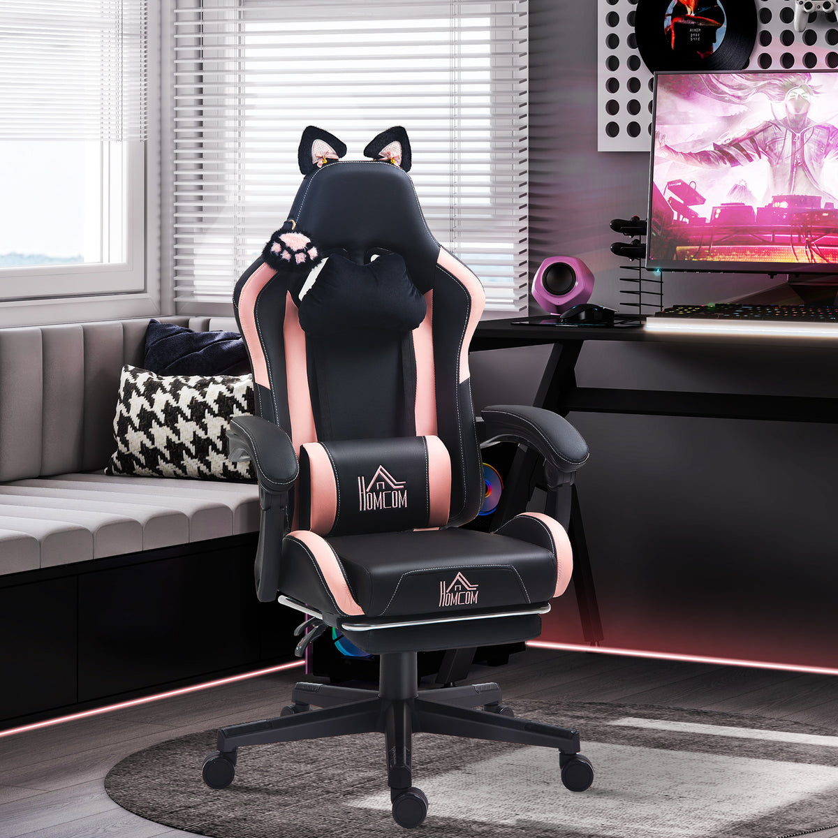 HOMCOM Gaming-Sessel mit Katzenohren, neigbare Lehne, ausziehbare Fußstütze, bis 120 kg, Rosa/Schwarz – Produktabbildung 2