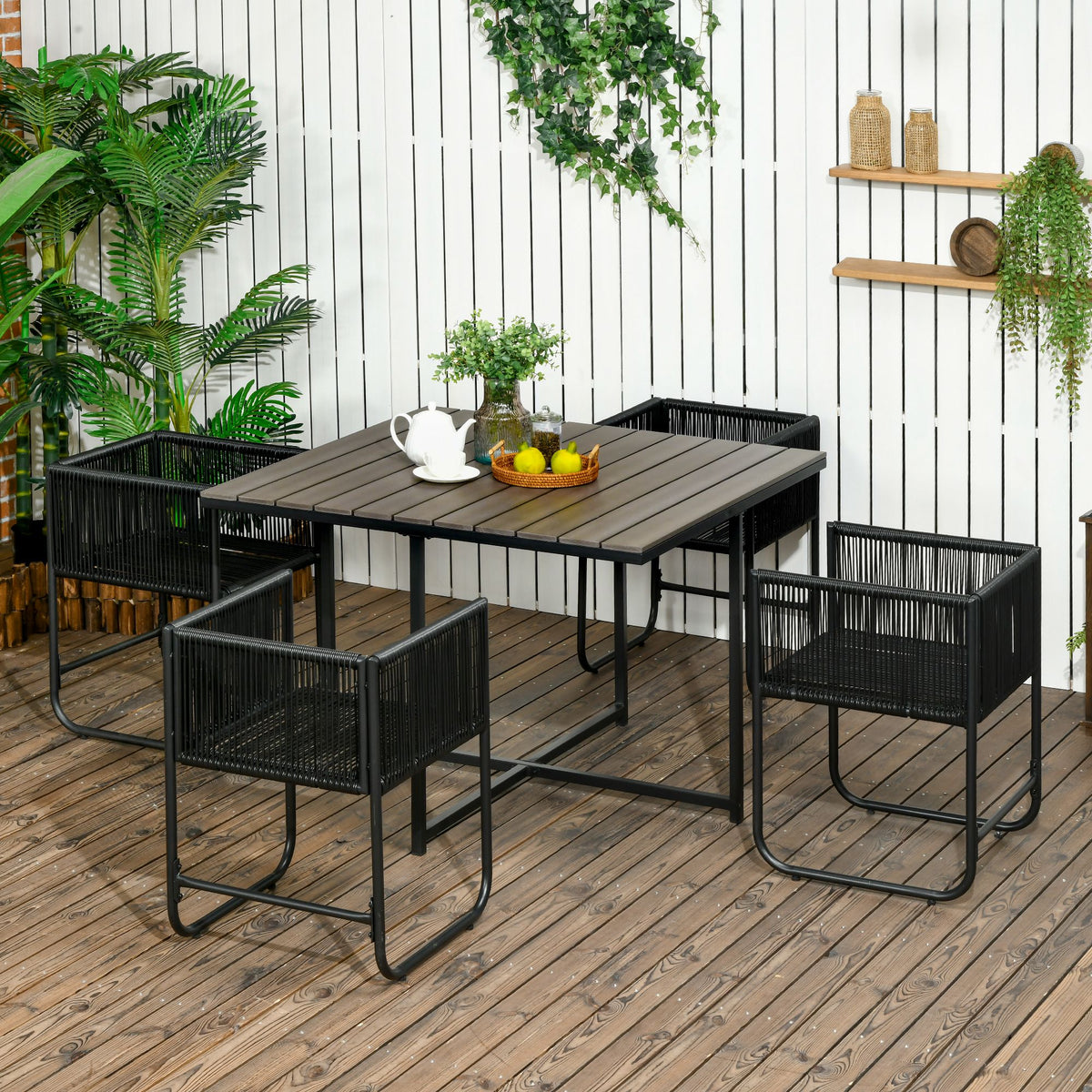 Outsunny Outdoor Essgruppe, Gartengarnitur, 5-teilig, Polyrattan, Sitzkissen, wetterfest, Schwarz/Grau – Produktabbildung 2