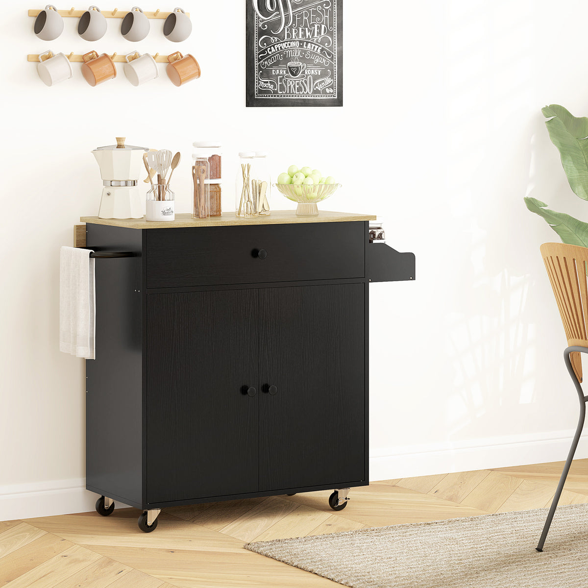 HOMCOM Küchenwagen mit Schublade, Schrankfach, Handtuchstange, 106 x 42 x 87 cm, Schwarz/Eiche – Produktabbildung 9