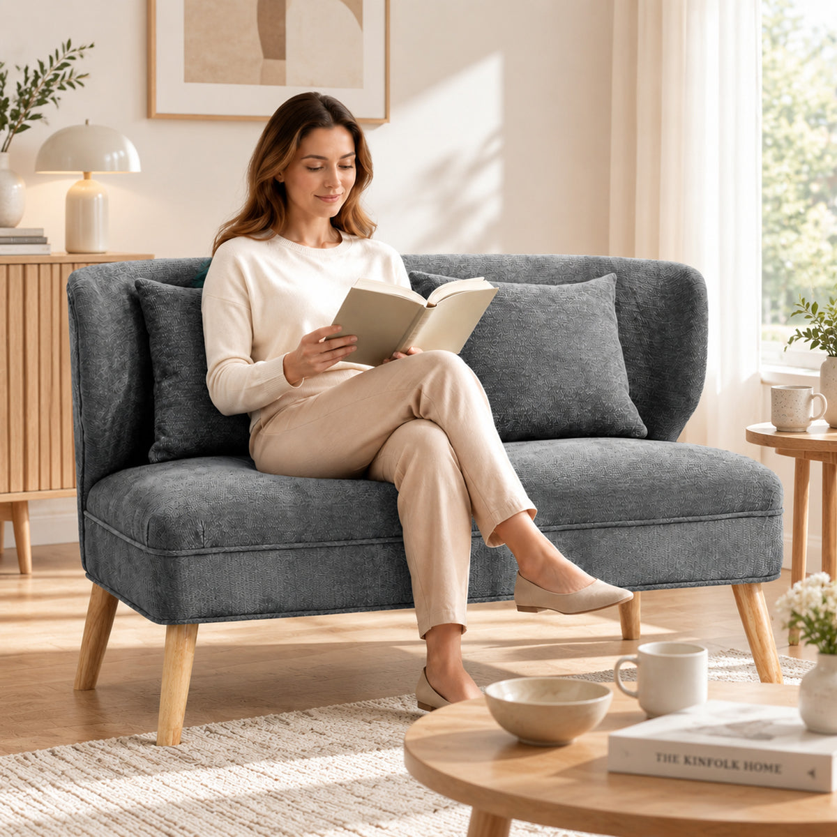 HOMCOM 2-Sitzer-Sofa, kleines Chenille-Sofa mit Flügelrücken, dickem Sitz, Gummibaumholzfüßen, Grau – Produktabbildung 2