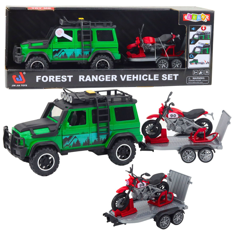 LEAN Toys Geländewagen-Set mit Abschleppwagen und Motorrad, Lichter und Geräusche, Grün