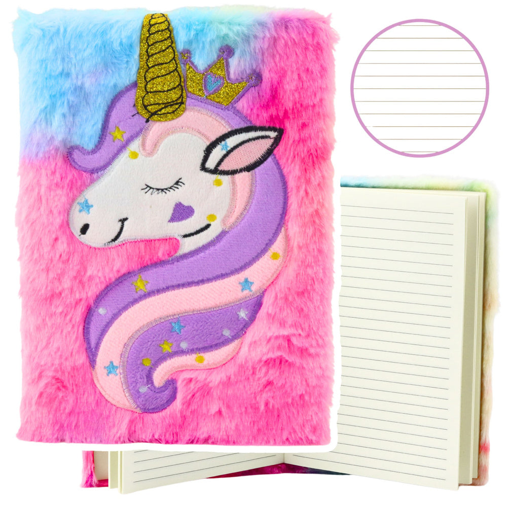 Plush notebook, notebook, lined, unicorn with golden horn, A5, 80 sheets