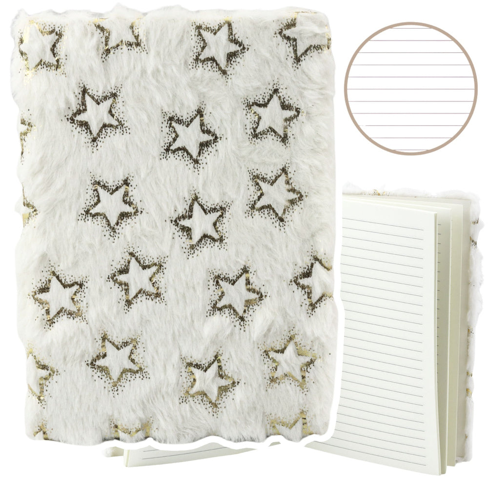 Plush Notebook Journal Lined Gold Stars White A5 80 Sheets
