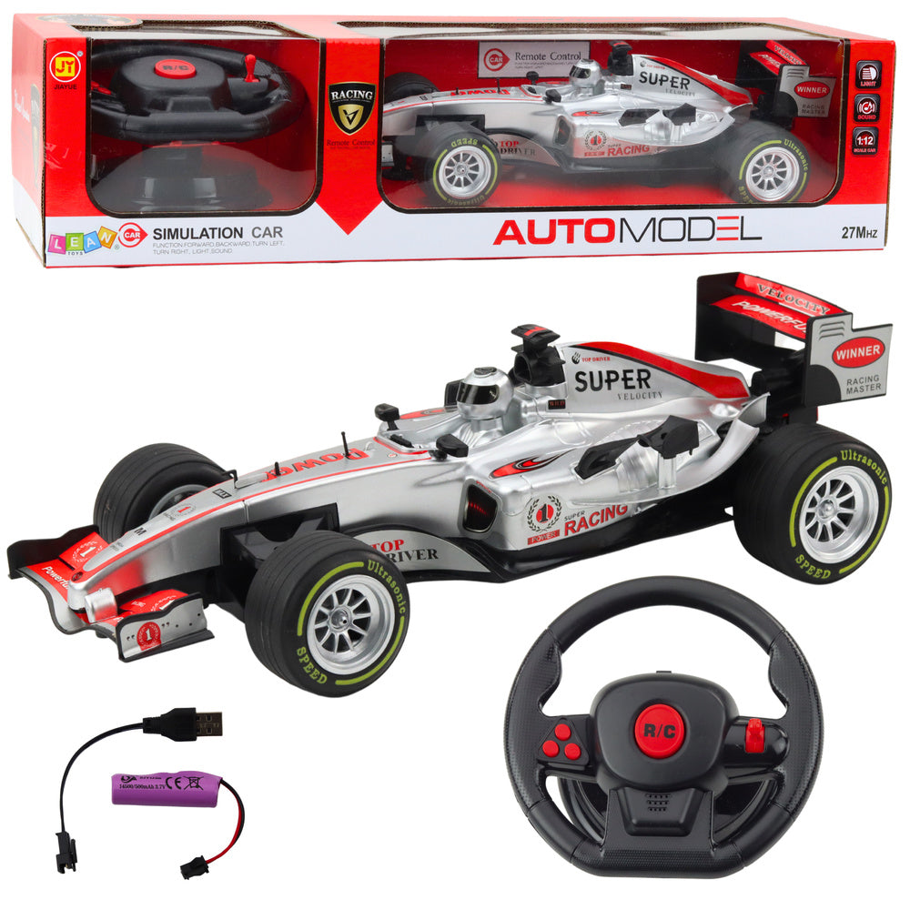 LEAN Toys Ferngesteuertes RC Racer Lenkrad Lichter Sounds 1:12 Silber