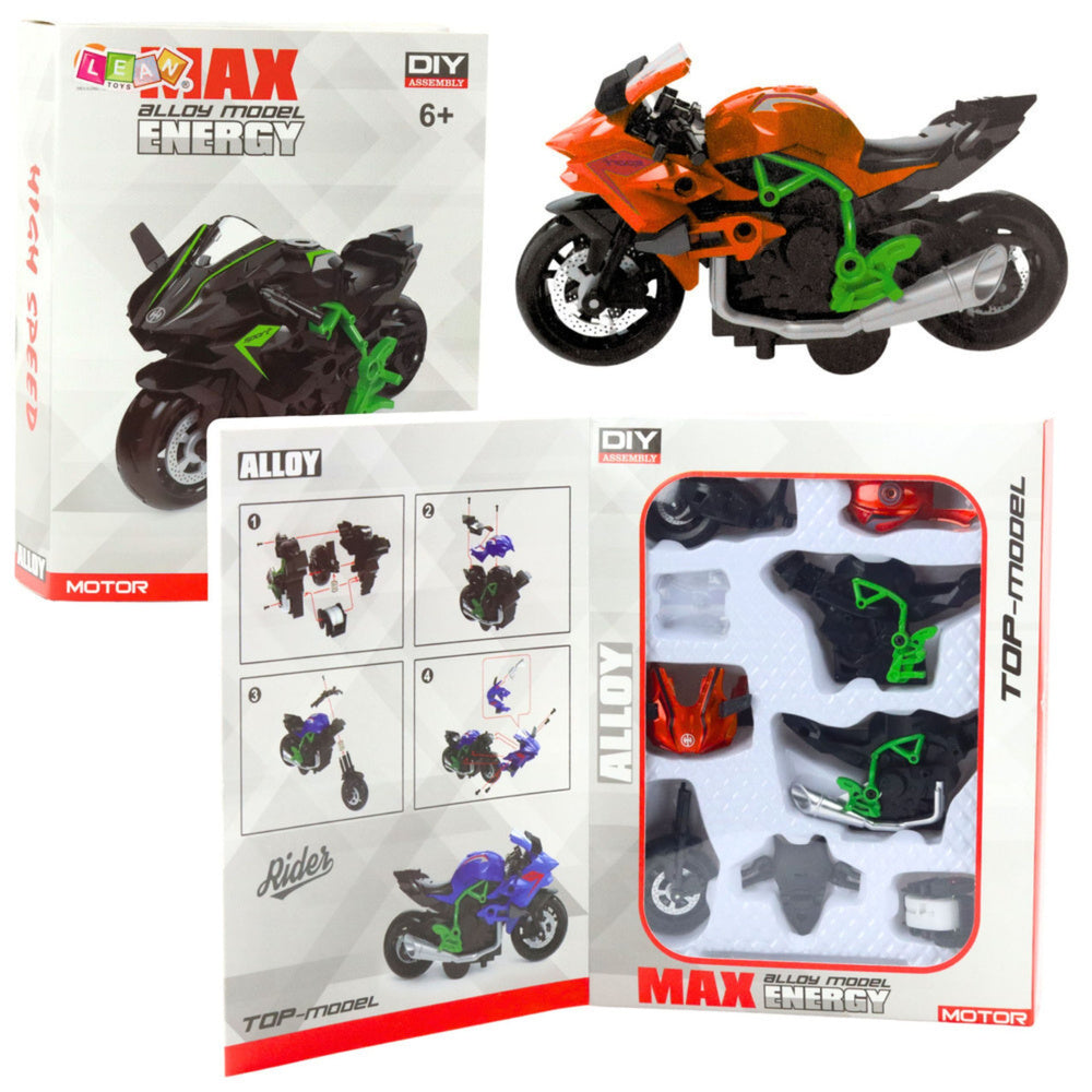 Motorcycle to assemble, screws, metal, 1:14, DIY, orange-green