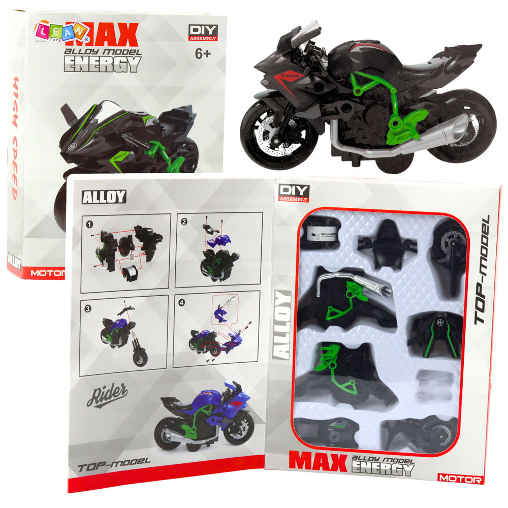 Motorcycle for assembly, screws, metal, 1:14, DIY, green-black