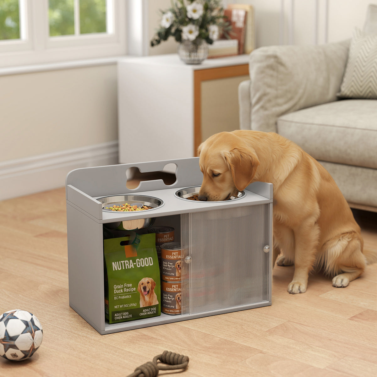 Raised feeding station with 2 bowls and cabinet, MDF, stainless steel, bone pattern, grey (2)