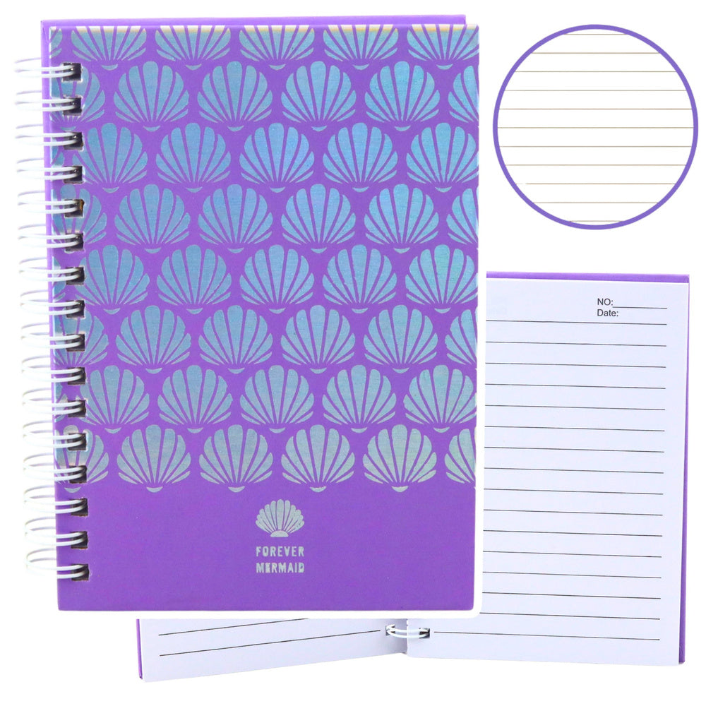 Lined notebook with holographic seashells, purple, A6, 80 sheets
