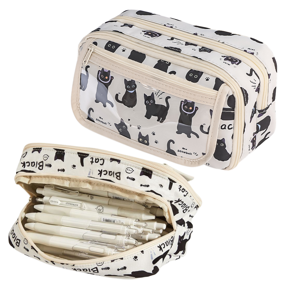 Pencil case school set black cats white 21cm