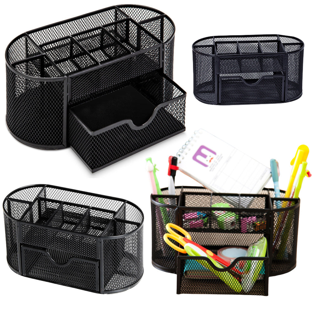 Metal office supply storage box with drawer, black