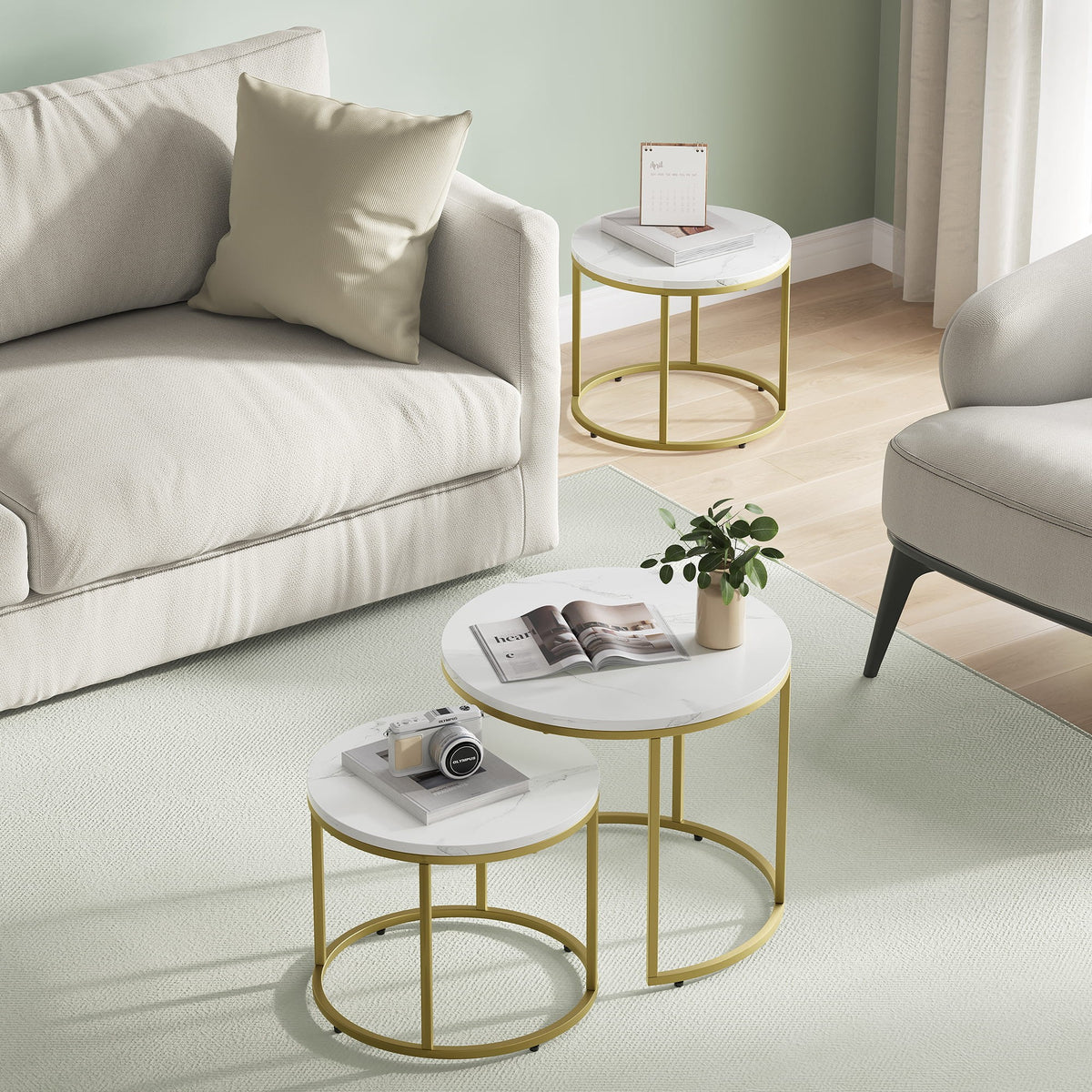 2er-Set runde Couchtische – Marmoroptik / Beine Gold