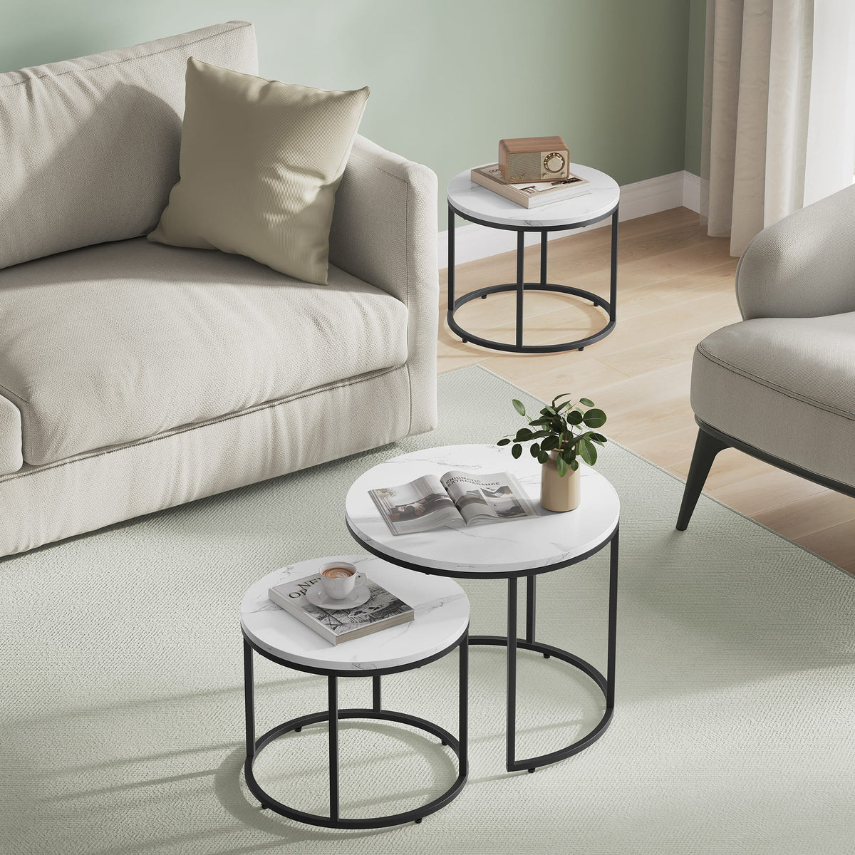 2er-Set runde Couchtische – Marmoroptik / Beine Schwarz