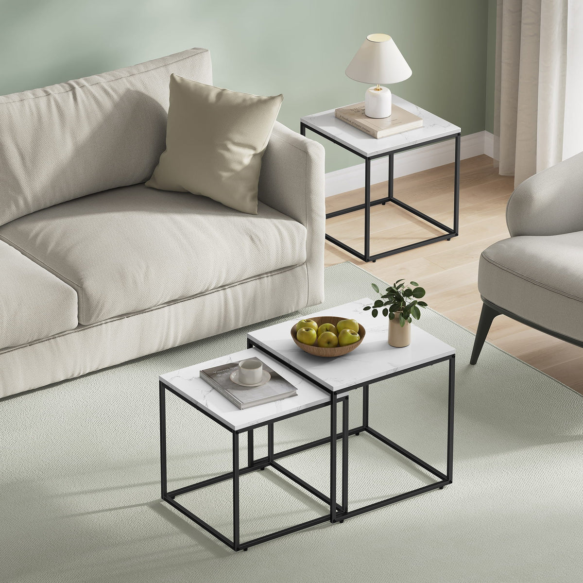 2er-Set quadratische Couchtische – Marmoroptik / Beine Schwarz