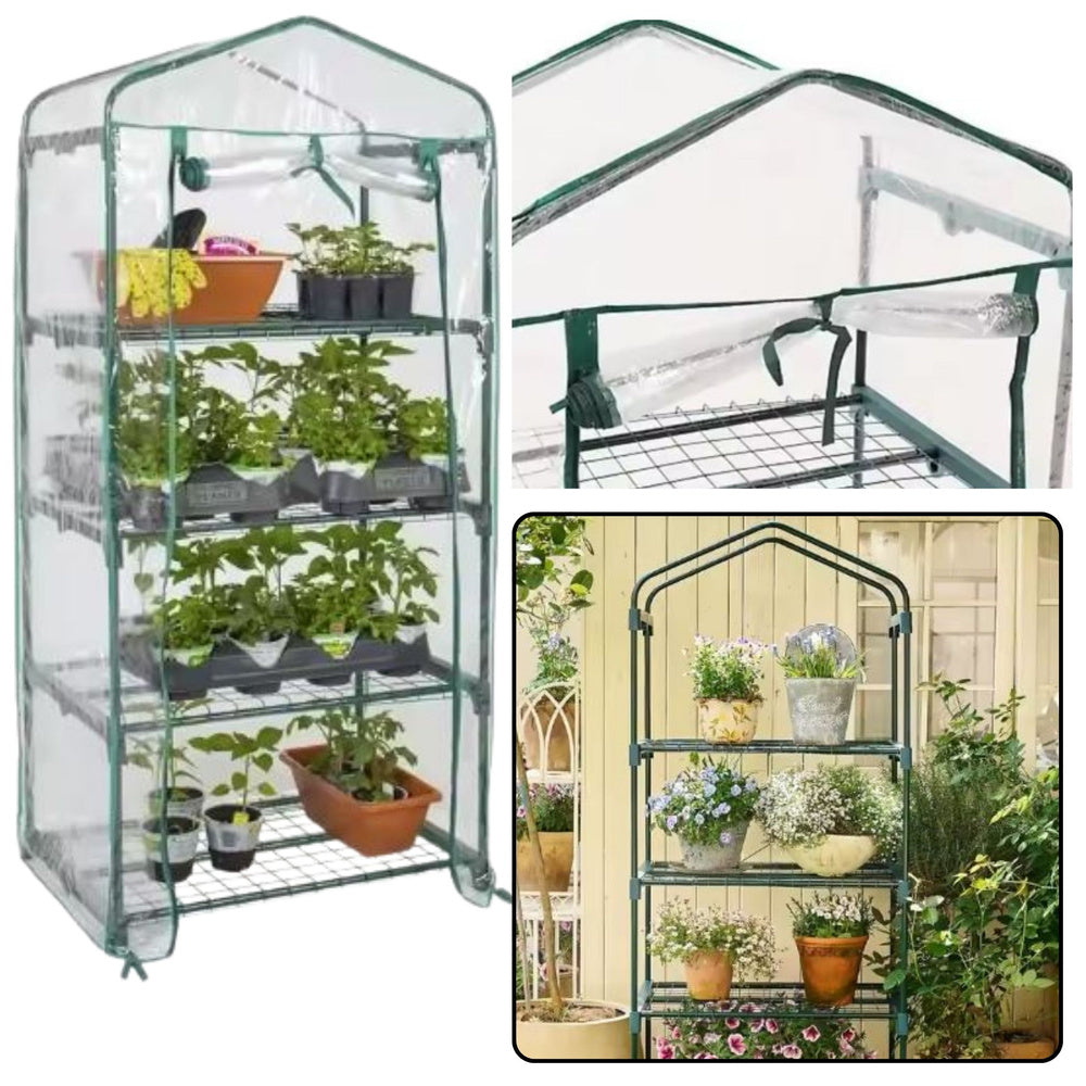 LEAN Mini-Gewächshaus für Balkon und Garten, 4 Metallregale, PVC-Folie, 69 x 49 x 157 cm