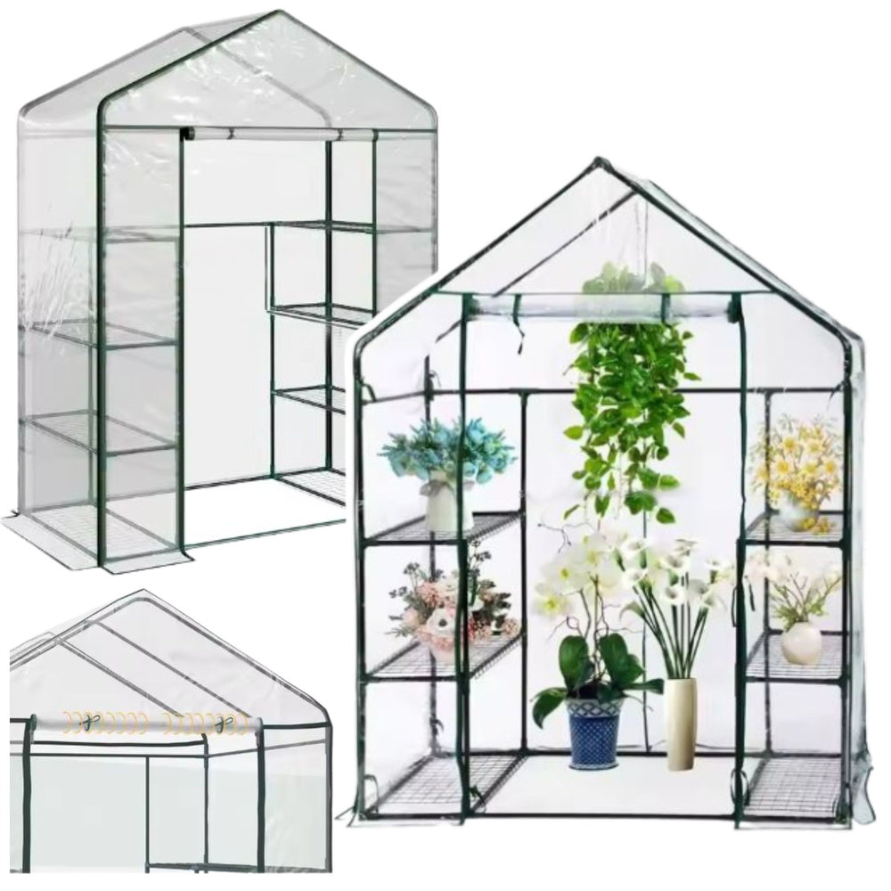 LEAN Mini-Gewächshaus für Balkon und Garten, 4 Metallregale, PVC-Folie, 195 x 143 x 73 cm