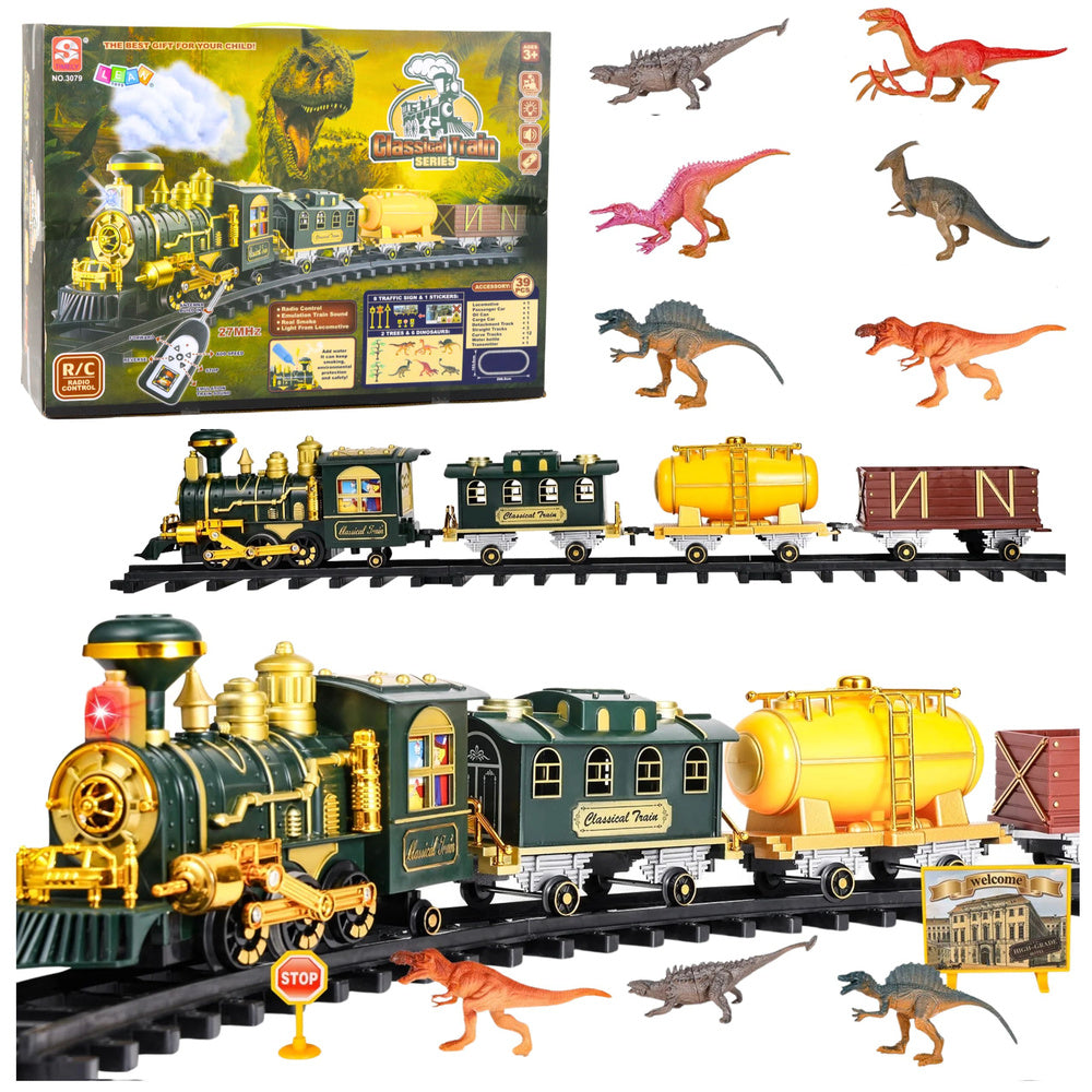 Classic train with dinosaurs, lights, sounds, and smoke, 39-piece set