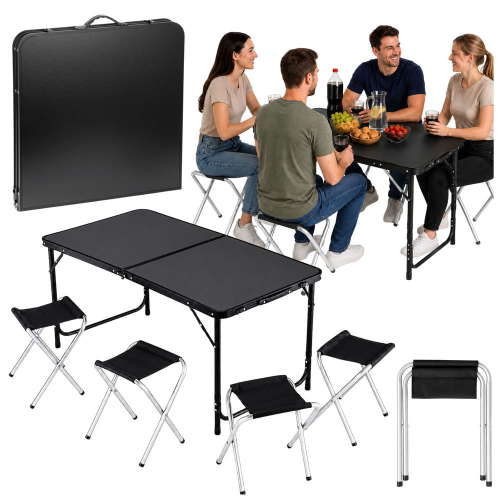 LEAN Campingmöbelset, Klapptisch, 4 Hocker, schwarzer Koffer